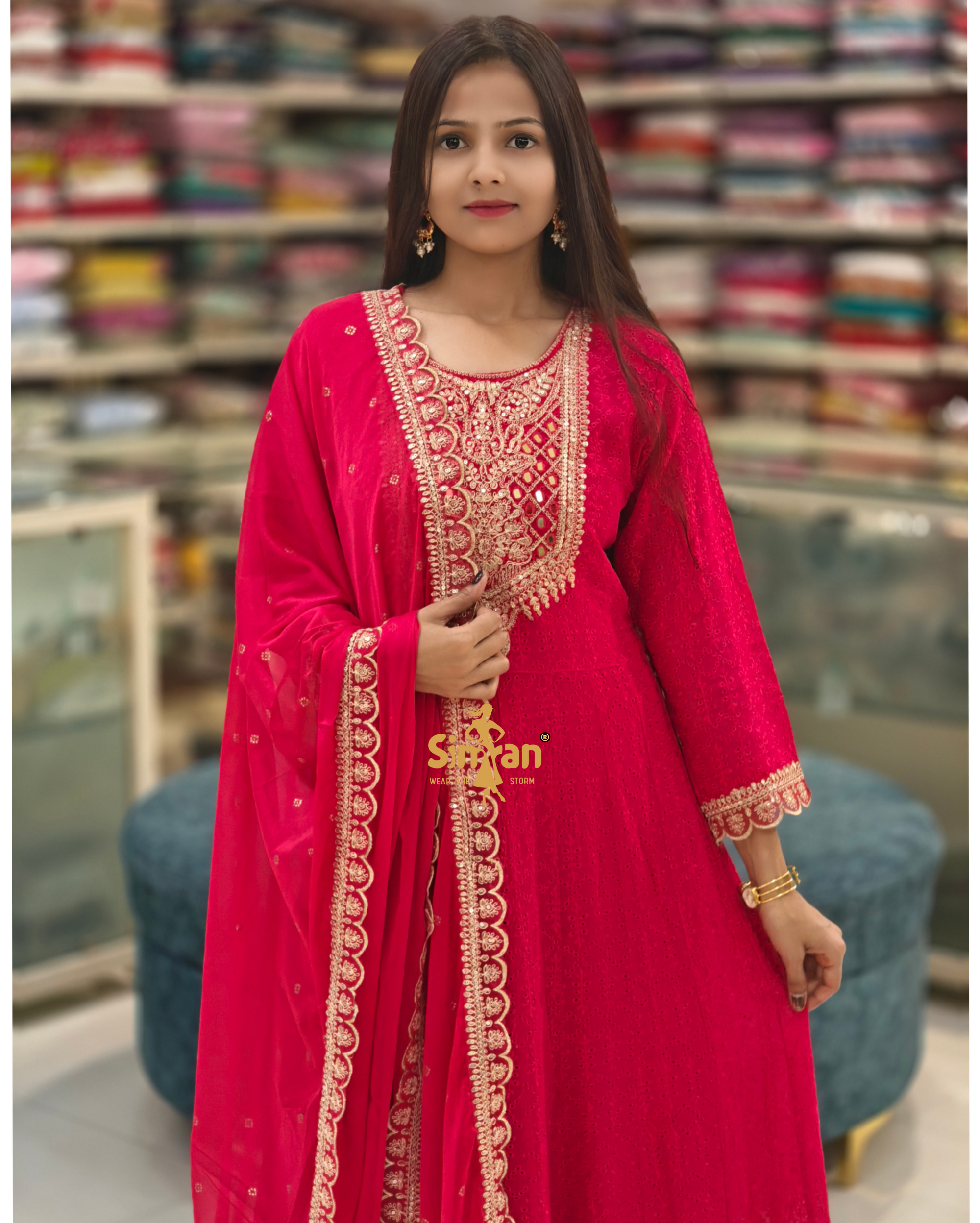 Georgette Flared Kurti Pant Dupatta Set 014129
