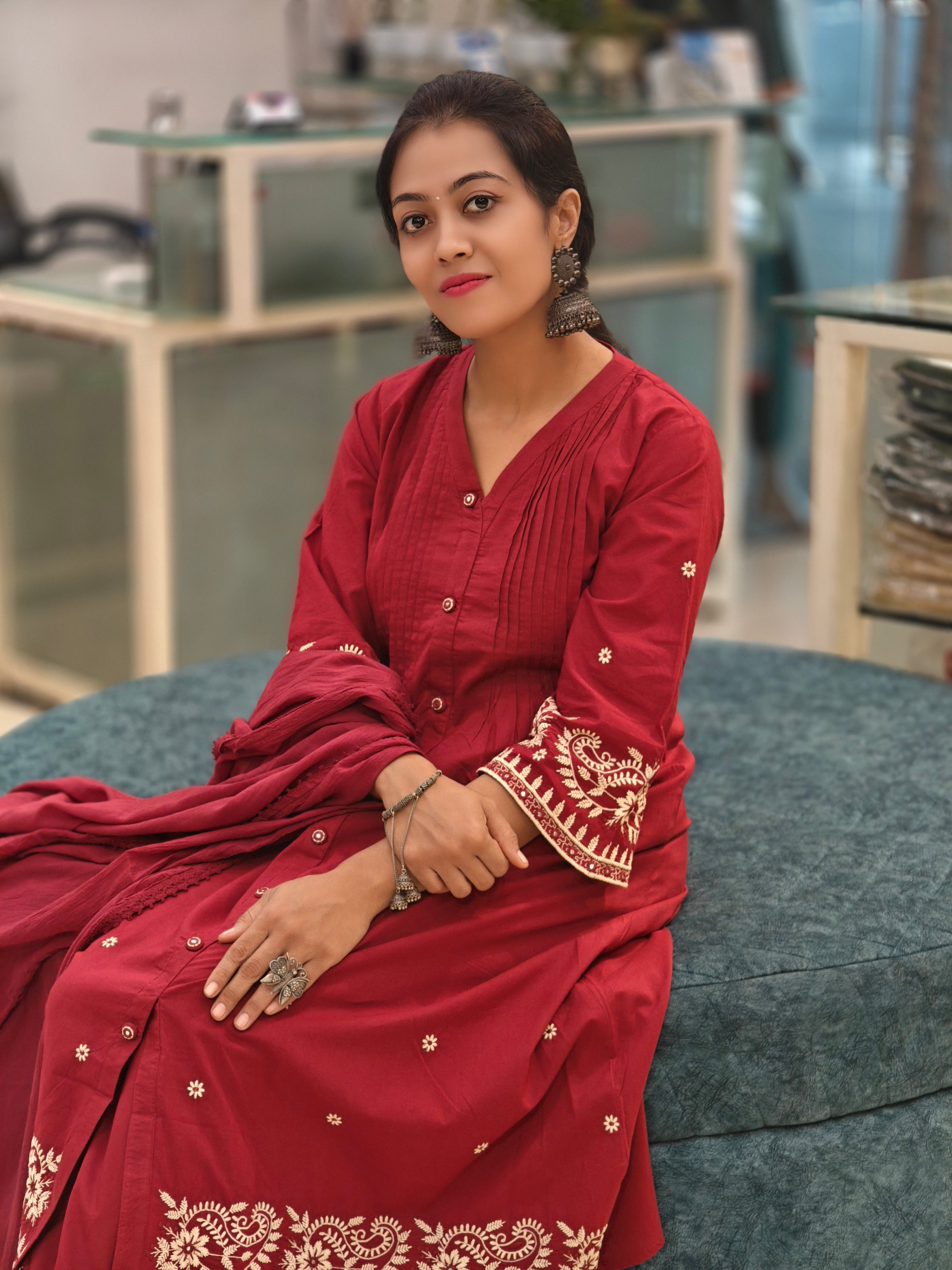 Cotton Flared Kurti Pant Dupatta Set 011819