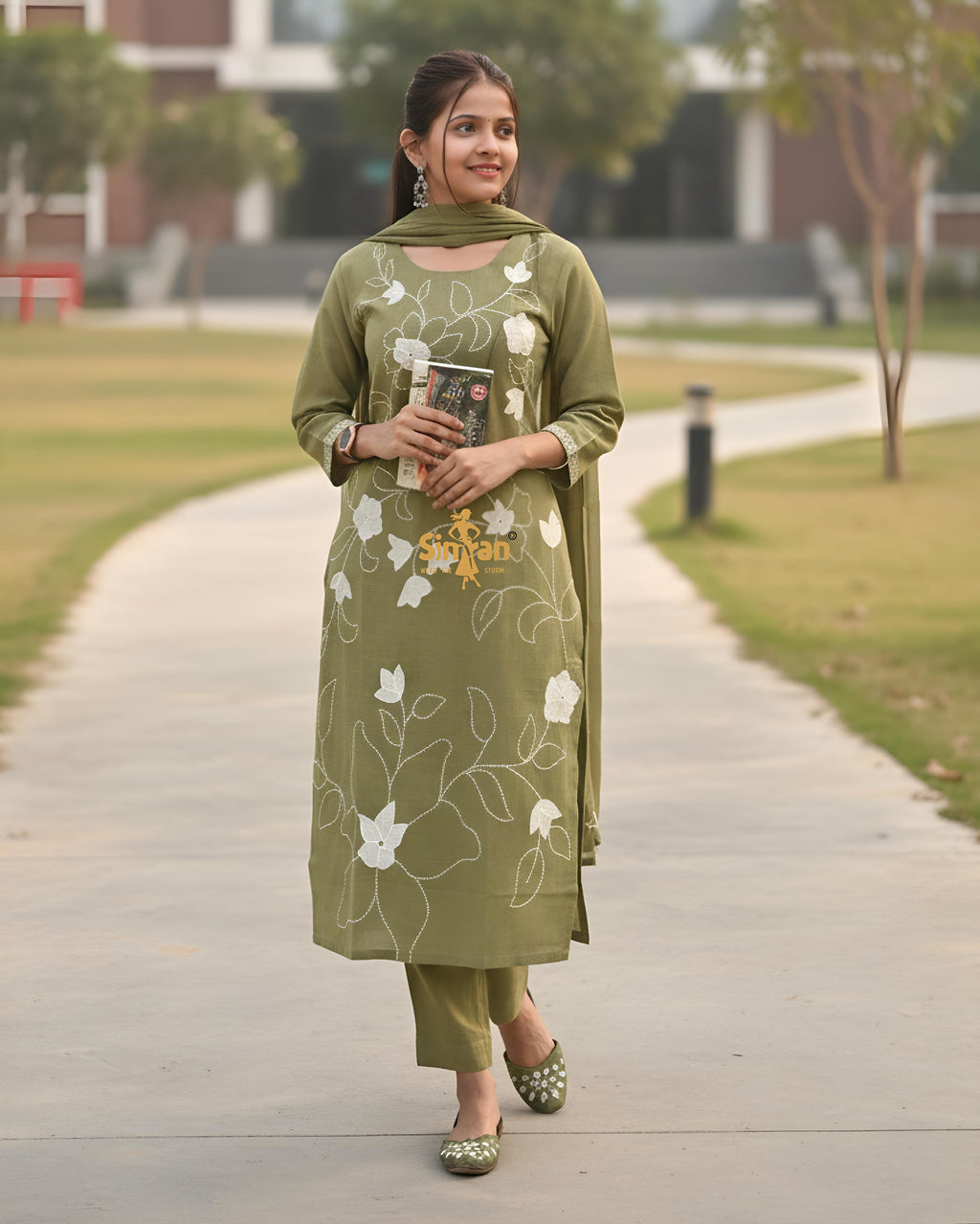 Linen Cotton Kurti Pant Dupatta Set 014747