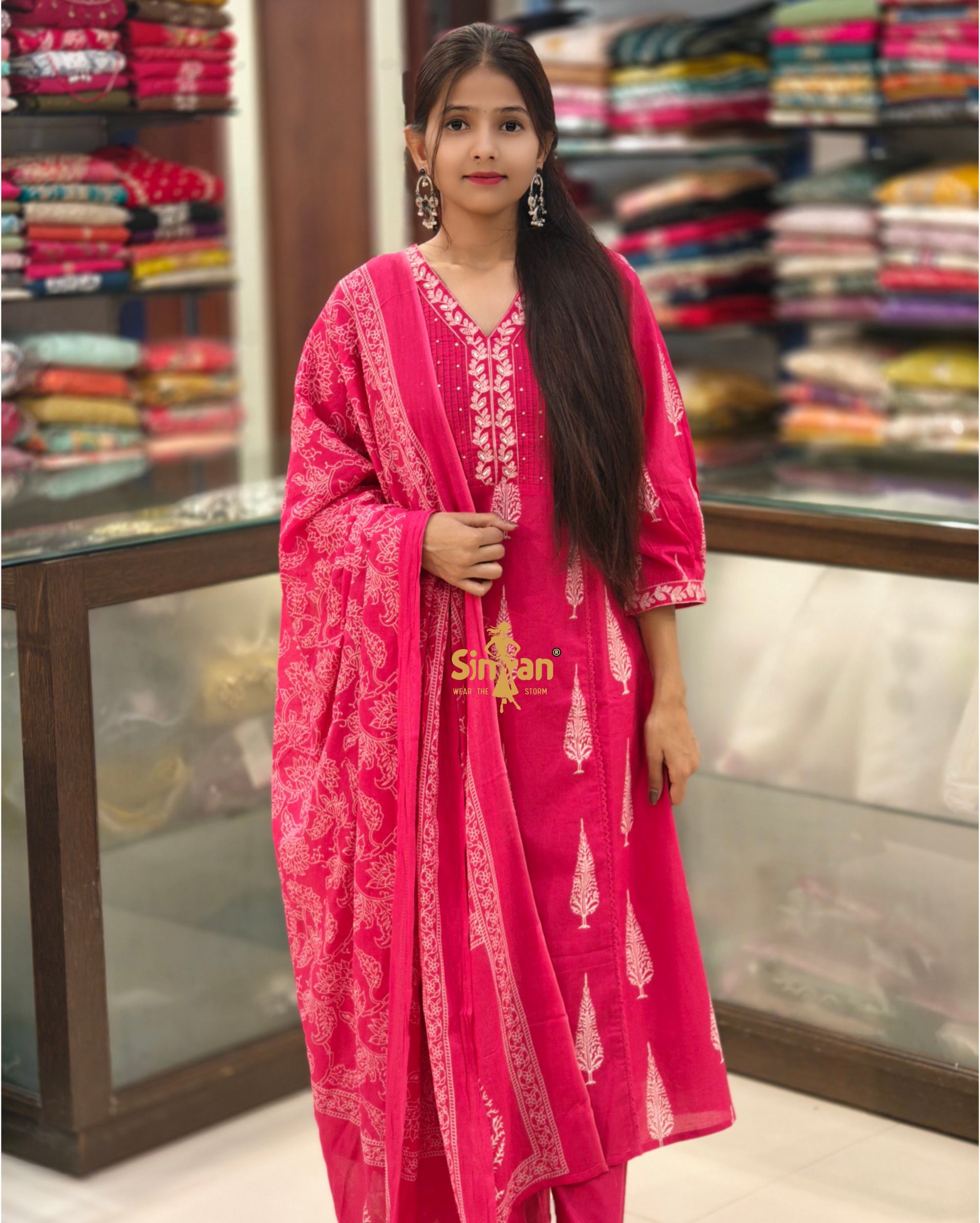 A-Line Pure Cotton  Kurti Pant Dupatta Set 014398