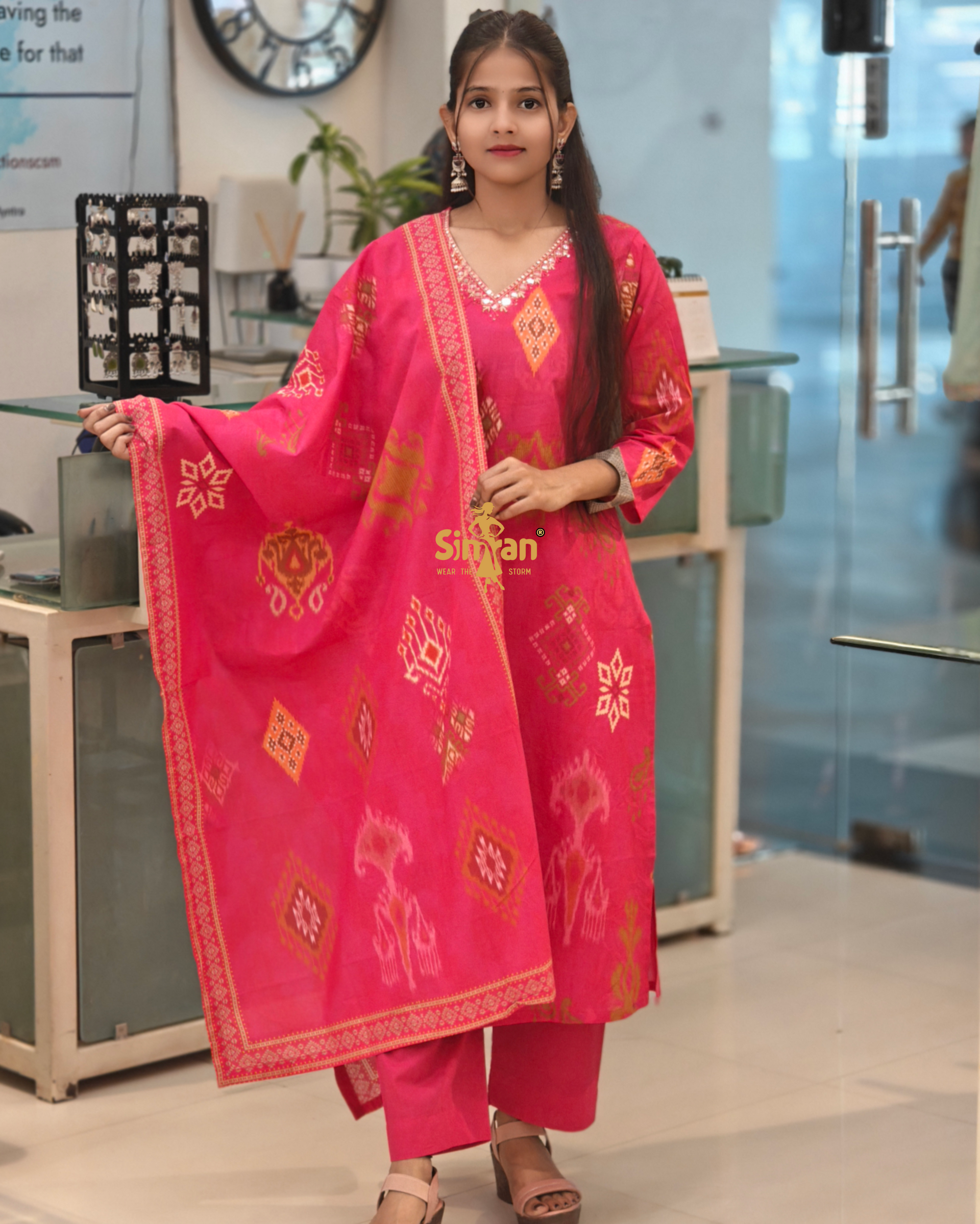 A-Line Pure Cotton  Kurti Pant Dupatta Set 014378