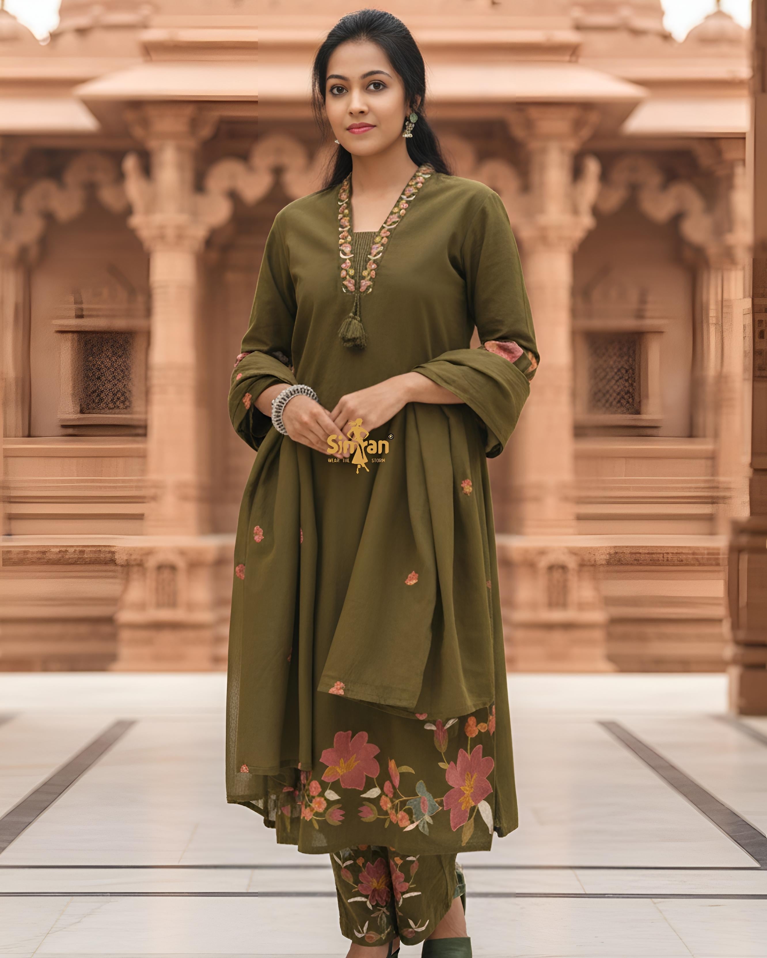 Linen Cotton Kurti Pant Dupatta Set 014728