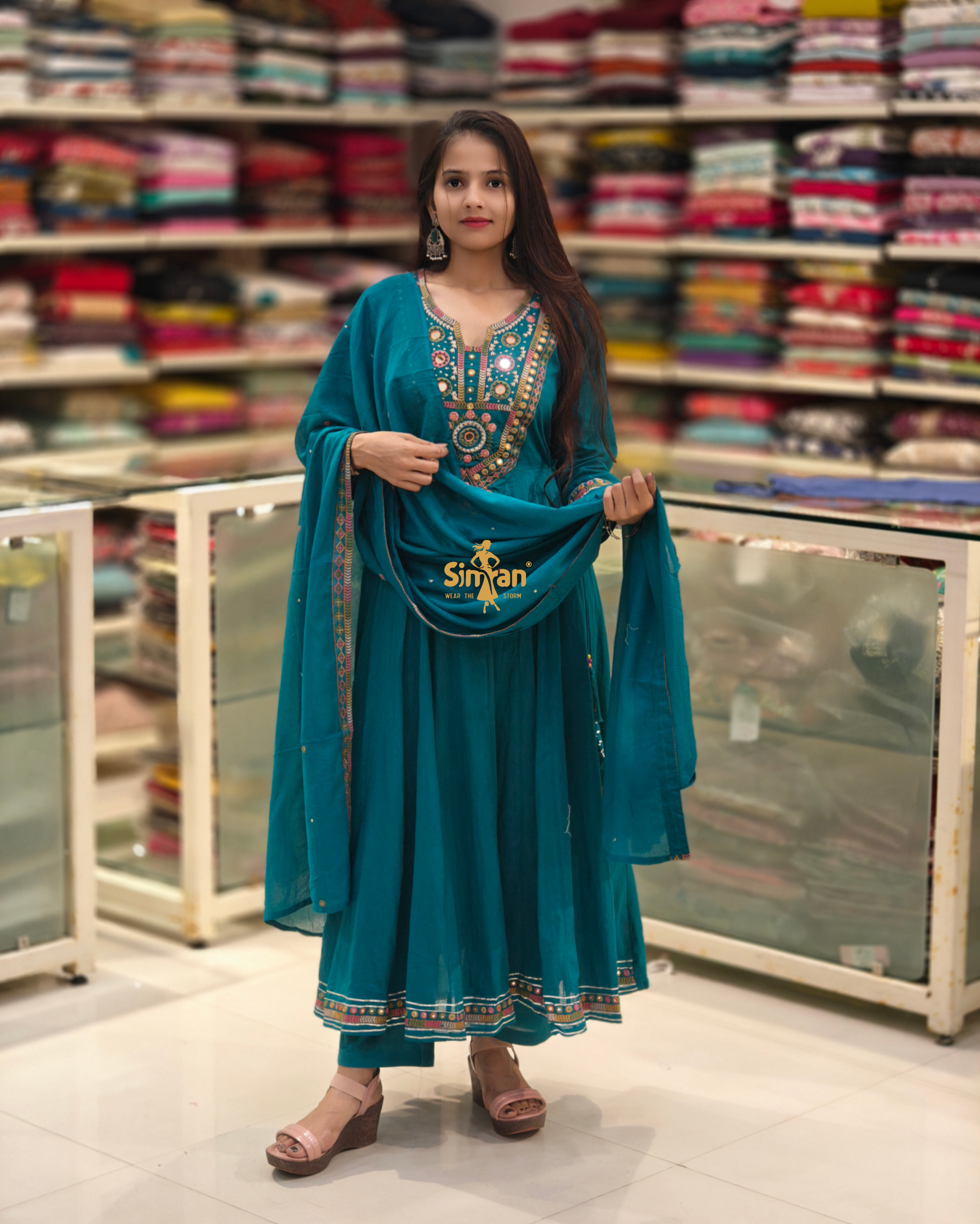 Flared Mulmul Cotton Kurti Pant Dupatta Set with Embroidery 014414