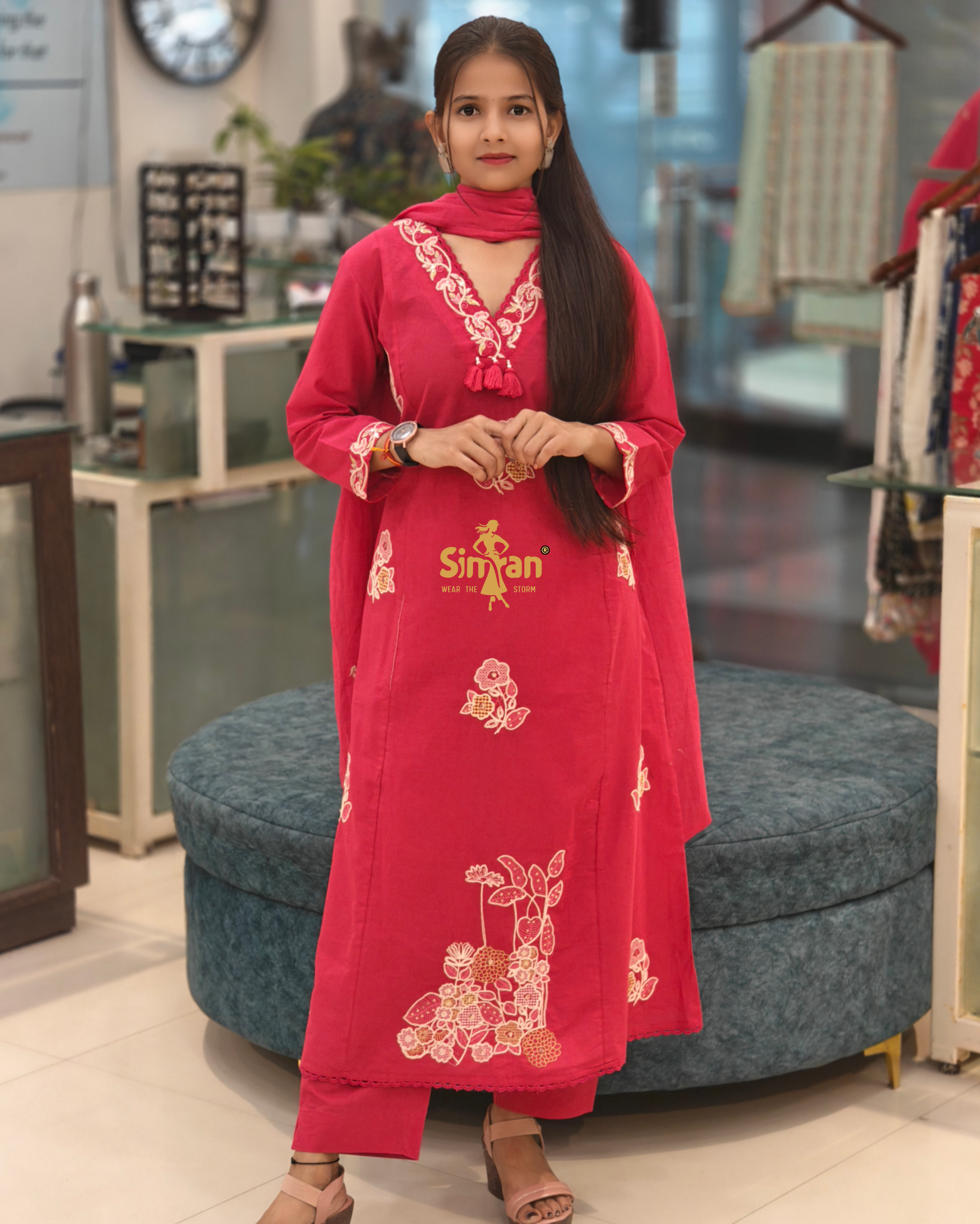 A-Line Pure Cotton  Kurti Pant Dupatta Set 014416